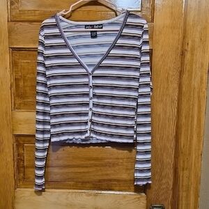 Polly & Esther Ribbed 1970's style White/Purple Crop Long Sleeve Top XL